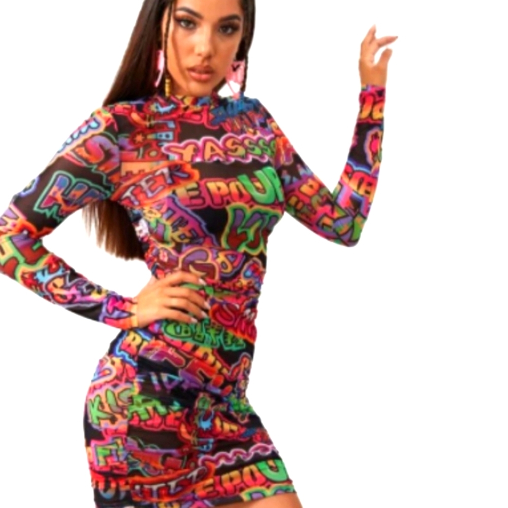Womens Mesh Graffiti Stretch Dress Midi High Neck Casual sz 10/12 NEW